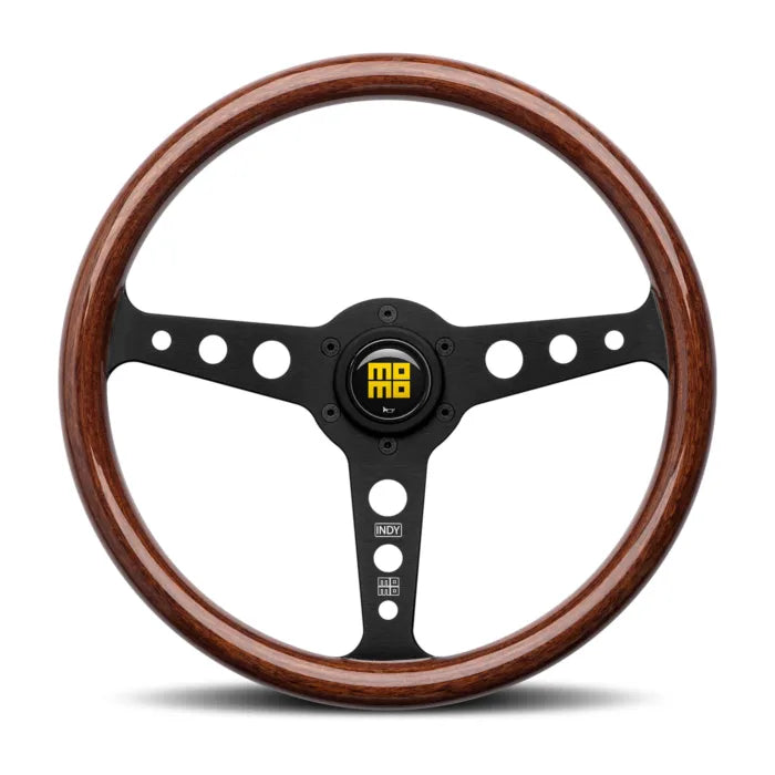 MOMO Mod.07 350mm Wheel - Mahogany Wood w/ Black Anodized Aluminum Spokes & Heritage MOMO Logo